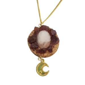 18K Gold Garnet Chips Quartz Gold Cork Pendant Necklace Moon Charm Necklace